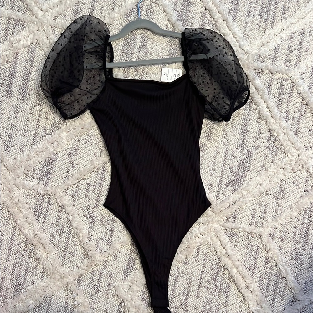 Altar’d State Black One Piece bodysuit with Sheer Sleeves